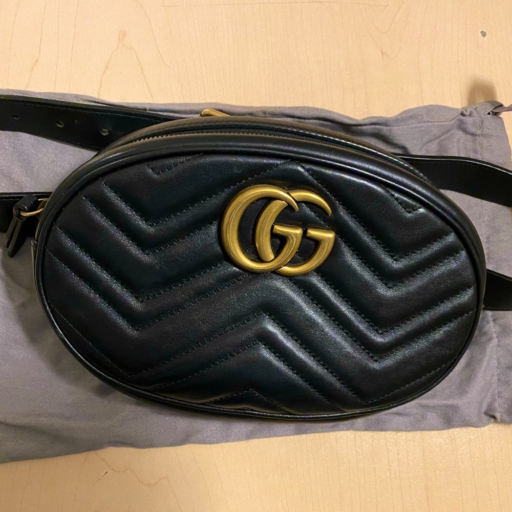 Authentic Black Gucci GG Marmont Matelassé Belt Bag
